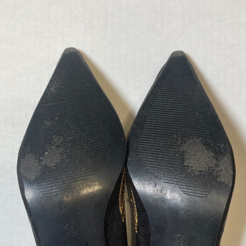 Project Vintage XINNISI Black Gold Bronze Embroidered Beaded Kitten Heels Sz 36 - Picture 8 of 13